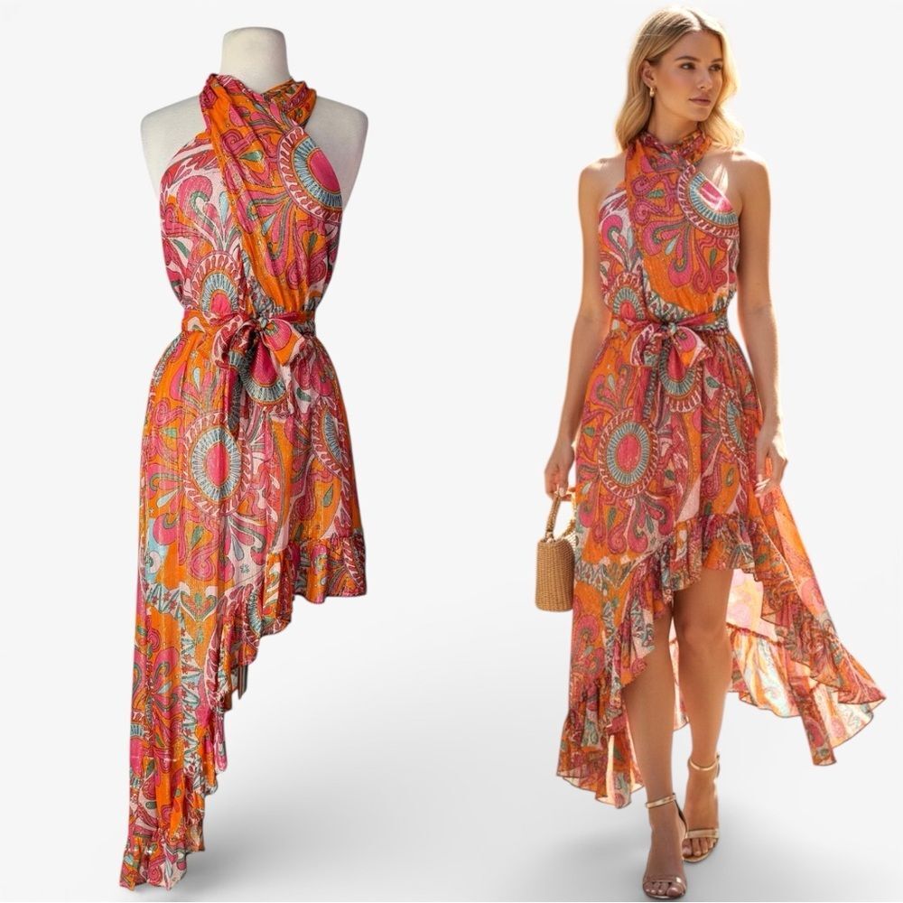 NWT Sundress Amina Marbella Havana Framboise Pink Orange Paisley Dress Large